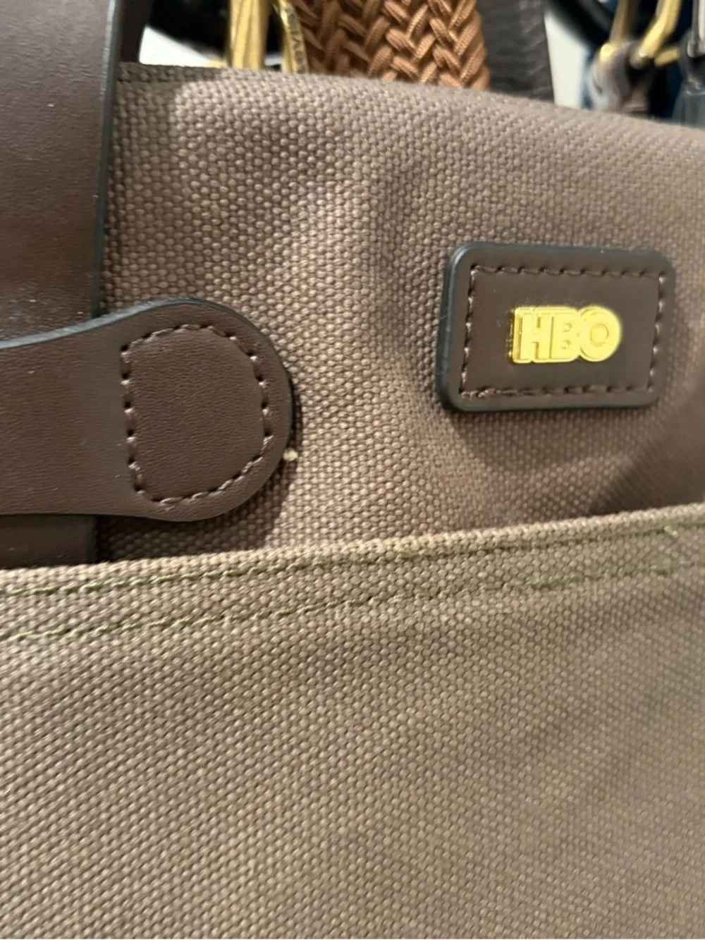 HBO Brown Canvas Briefcase Tote with Leather Handles